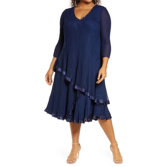 Komarov Beaded V-Neck 3/4 Sleeve Chiffon Charmeuse Trim Dress